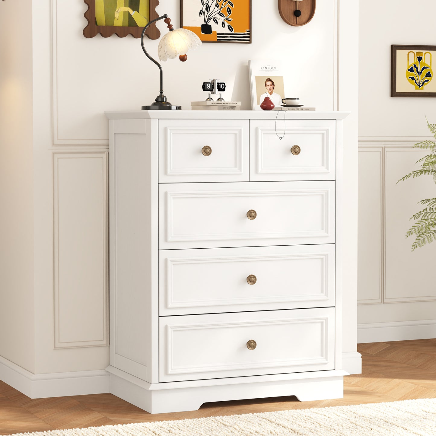 5 Drawer Dresser for Bedroom, Retro Style Chest of Drawers, 26.7"×15.7"×35.8" Wood Storage Dresser with Deep Drawers for Living Room, Hallway, Entryway, White