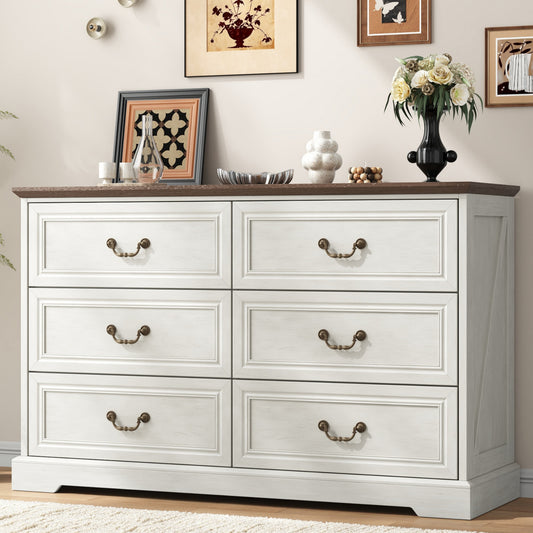 NEGYLIM 6 Drawer Dresser for Bedroom Farmhouse Chest of Drawers Retro Storage Cabinet with Vintage Handles Large Capacity White Dresser for Living Room,Closet,Hallway(Rustic White)