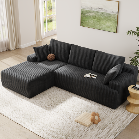 104" Modular L-Shaped Sectional Sofa, No Assembly Required Boneless Sofa with Chaise, High Resilience Foam & Corduroy Fabric, for Living Room Bedroom,(Black Grey)