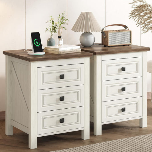 2-PieceNightstand, Farmhouse End Table with Charging Station, 3 Drawers Storage for Bedroom