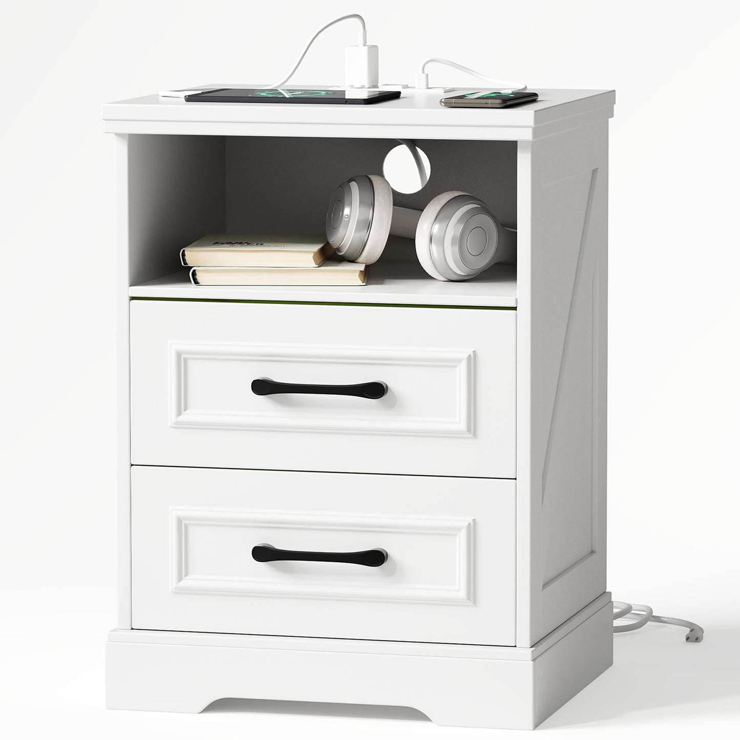 NEGYLIM Nightstand, Farmhouse End Table with Charging Station, 2 Drawers Storage for Bedroom