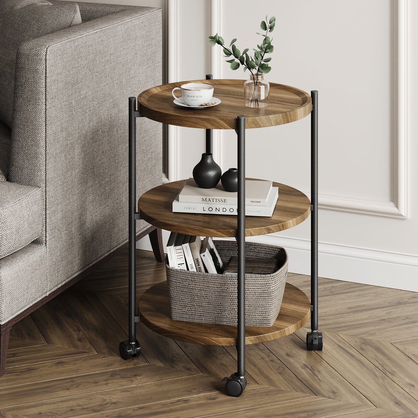 NEGYLIM End Side Table，Round Sofa Table with Metal Frame, 3-Tier Coffee Table Nightstand for Bedroom, Living Room, Nursery