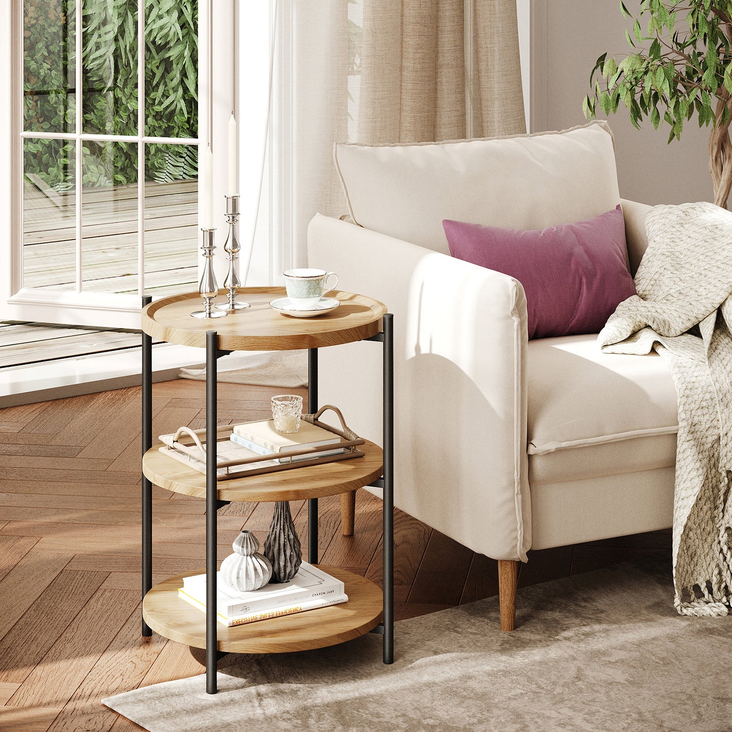 NEGYLIM End Side Table，Round Sofa Table with Metal Frame, 3-Tier Coffee Table Nightstand for Bedroom, Living Room, Nursery