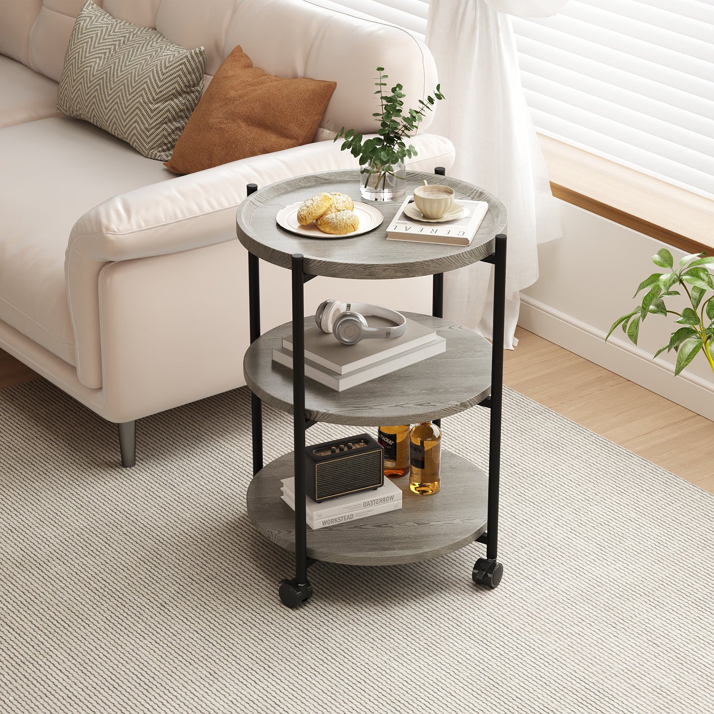 NEGYLIM End Side Table，Round Sofa Table with Metal Frame, 3-Tier Coffee Table Nightstand for Bedroom, Living Room, Nursery