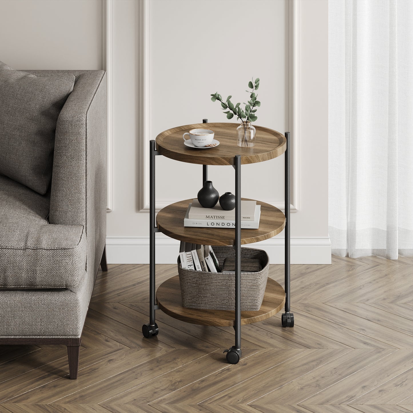 NEGYLIM End Side Table，Round Sofa Table with Metal Frame, 3-Tier Coffee Table Nightstand for Bedroom, Living Room, Nursery