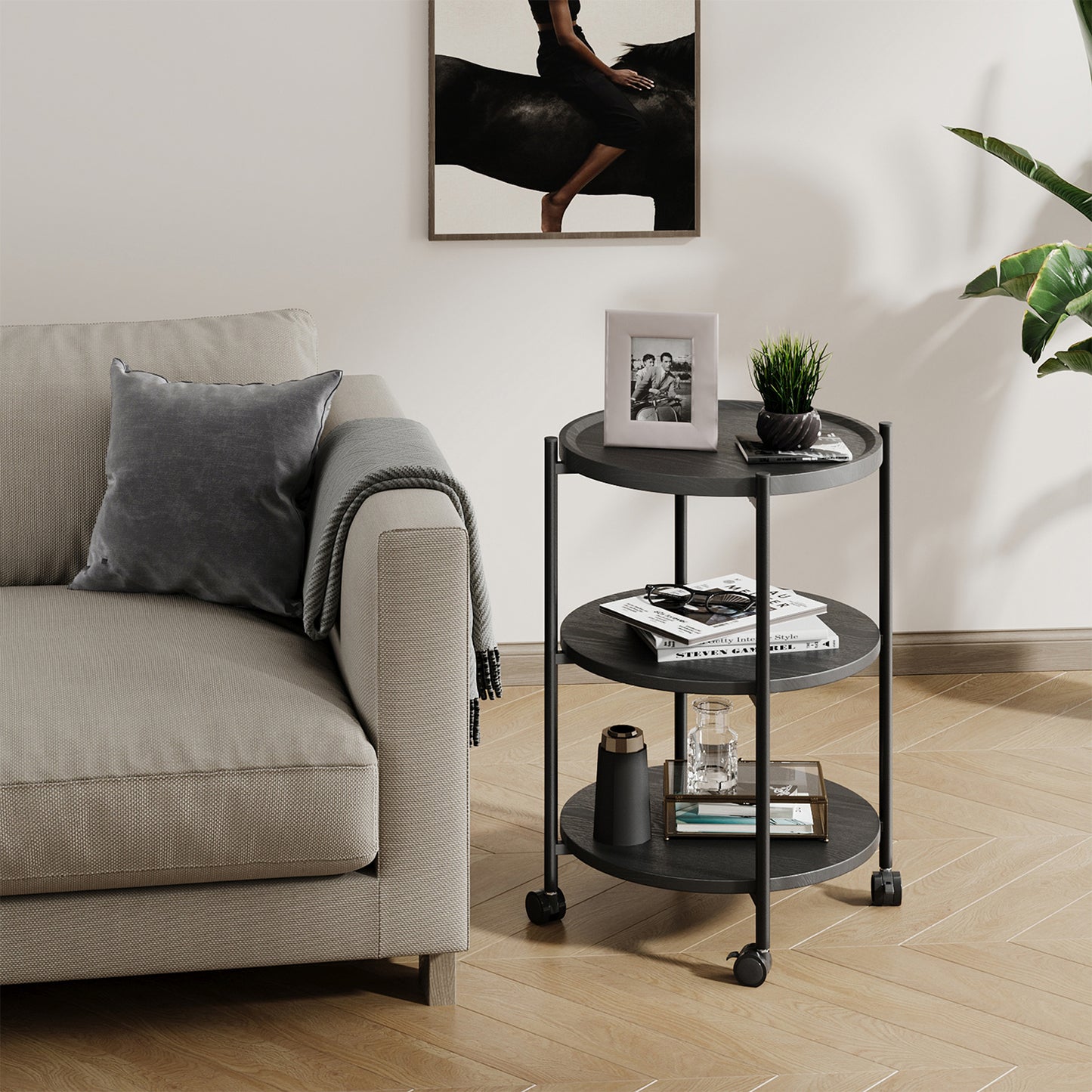 NEGYLIM End Side Table，Round Sofa Table with Metal Frame, 3-Tier Coffee Table Nightstand for Bedroom, Living Room, Nursery