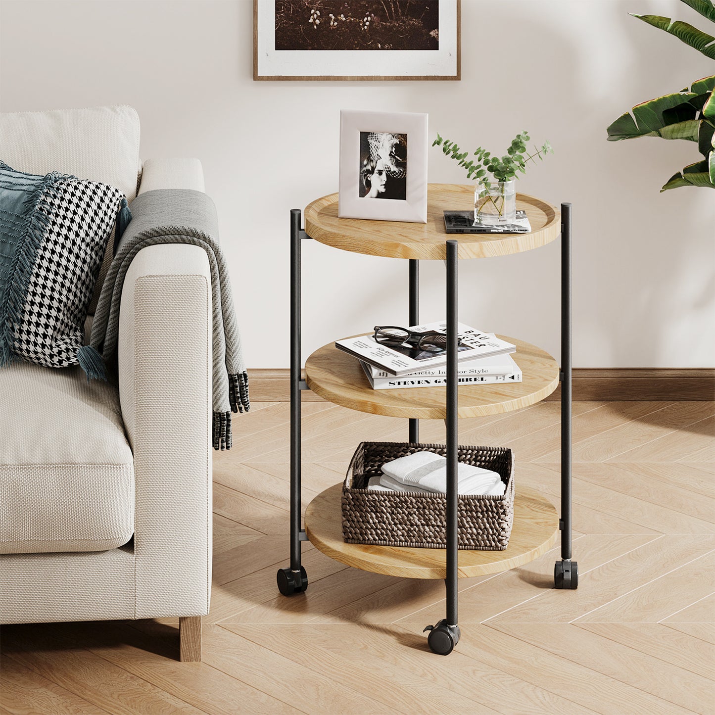 NEGYLIM End Side Table，Round Sofa Table with Metal Frame, 3-Tier Coffee Table Nightstand for Bedroom, Living Room, Nursery