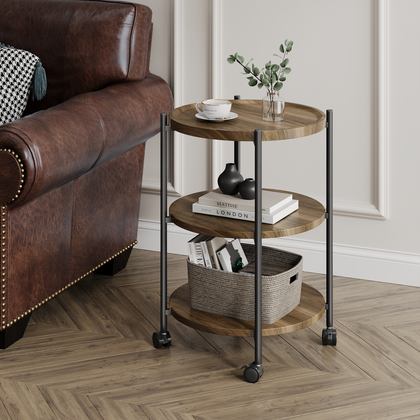 NEGYLIM End Side Table，Round Sofa Table with Metal Frame, 3-Tier Coffee Table Nightstand for Bedroom, Living Room, Nursery