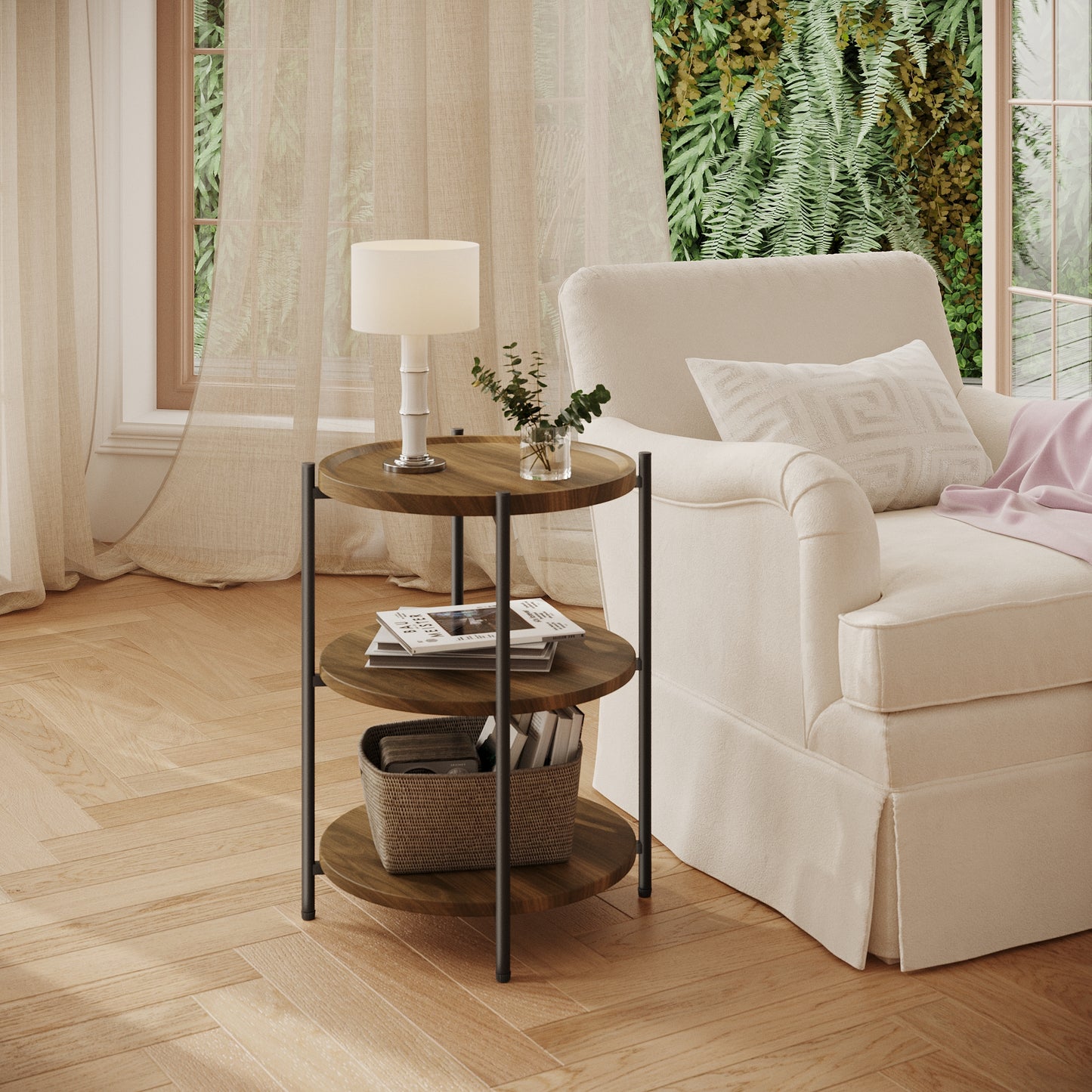 NEGYLIM End Side Table，Round Sofa Table with Metal Frame, 3-Tier Coffee Table Nightstand for Bedroom, Living Room, Nursery