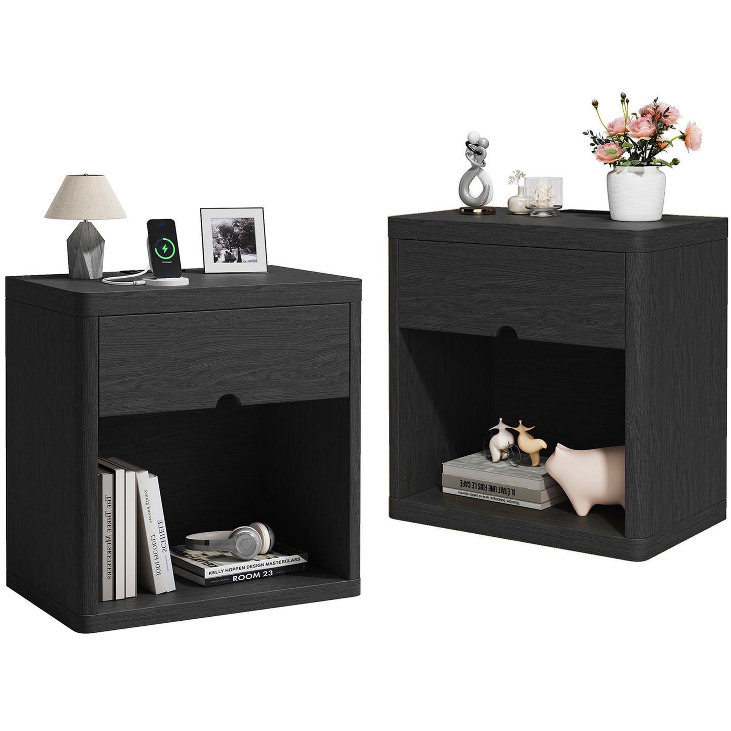 Set of 2 Wood Nightstands with USB Charging Station, 24" Bedside Tables with Safe Rounded Corners & Crescent Handles - Sturdy End Tables for Bedroom, Living Room, Nursery (Black, 2-Piece Set)