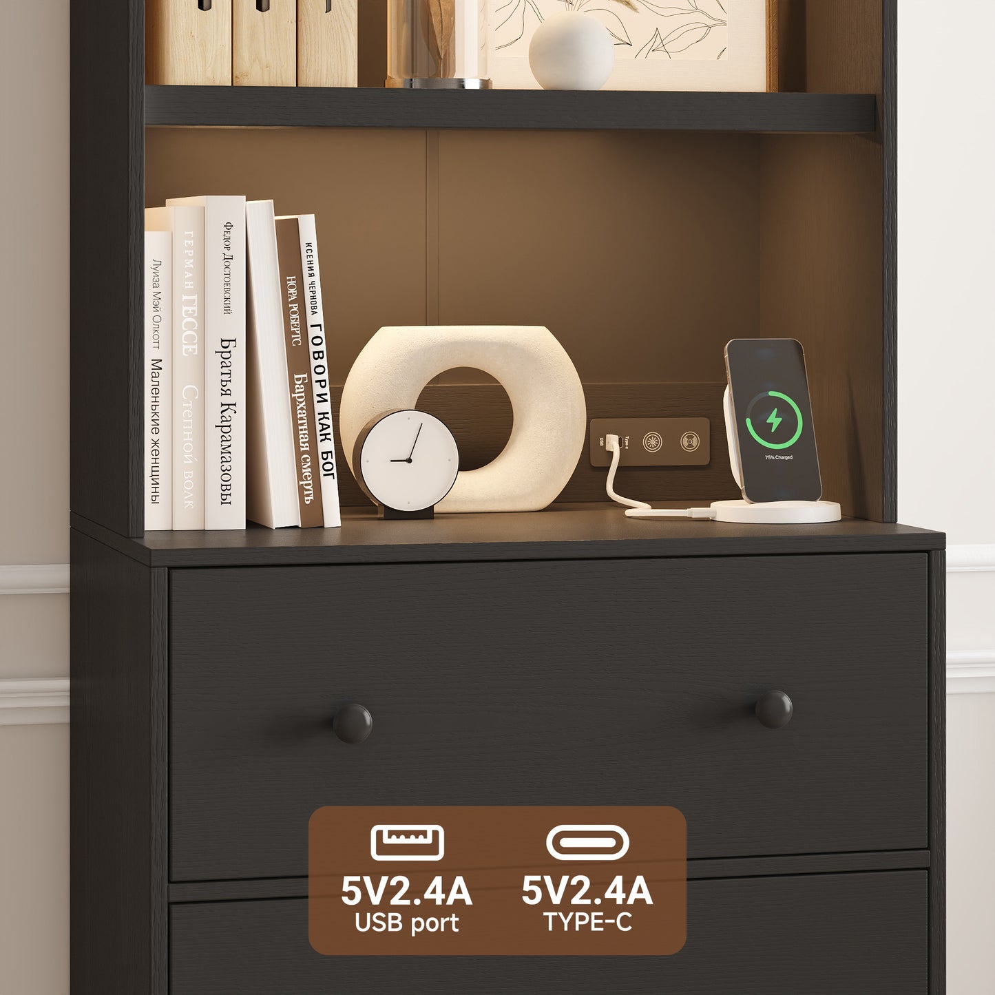 71” Tall Bookcase with 6-Tier, Extra Large Freestanding Display Bookshelf with LED and 3 Large Drawer, Black
