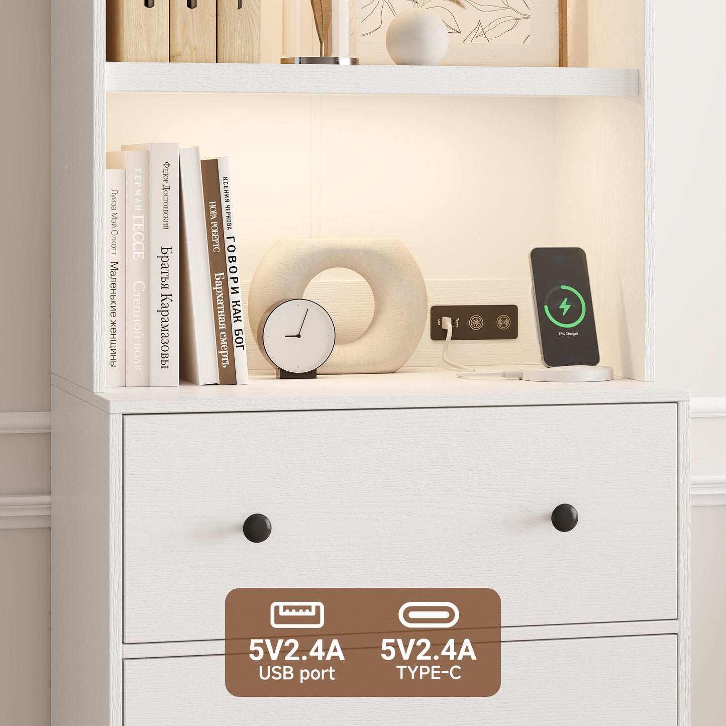 71” Tall Bookcase with 6-Tier, Extra Large Freestanding Display Bookshelf with LED and 3 Large Drawer, White