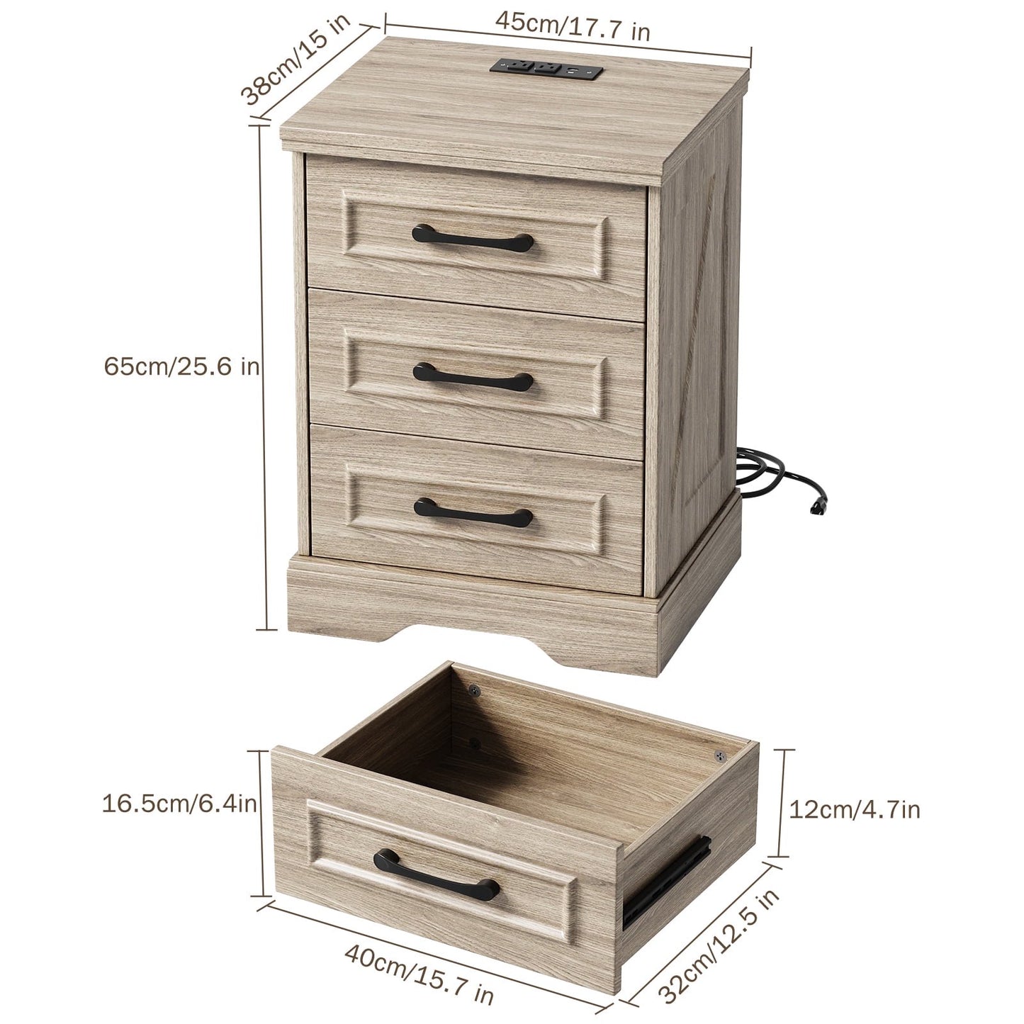 NEGYLIM 2-Piece Nightstand, Farmhouse End Table with Charging Station, 3 Drawers Storage for Bedroom