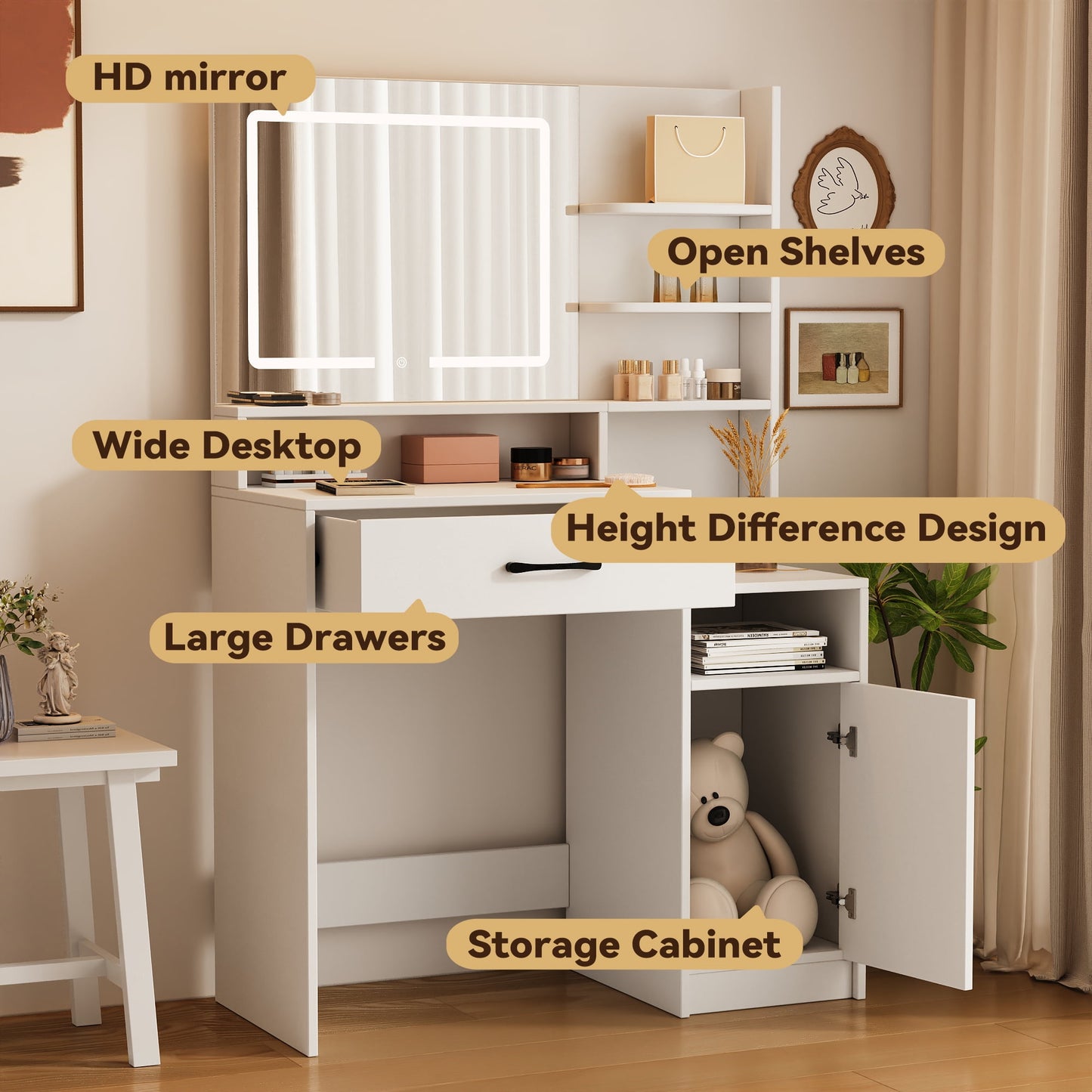 NEGYLIM Makeup Vanity Desk with LED Lights - 3 Color Adjustable, Large Storage Cabinet & Drawers, White Modern Vanity Table with Shelves for Bedroom