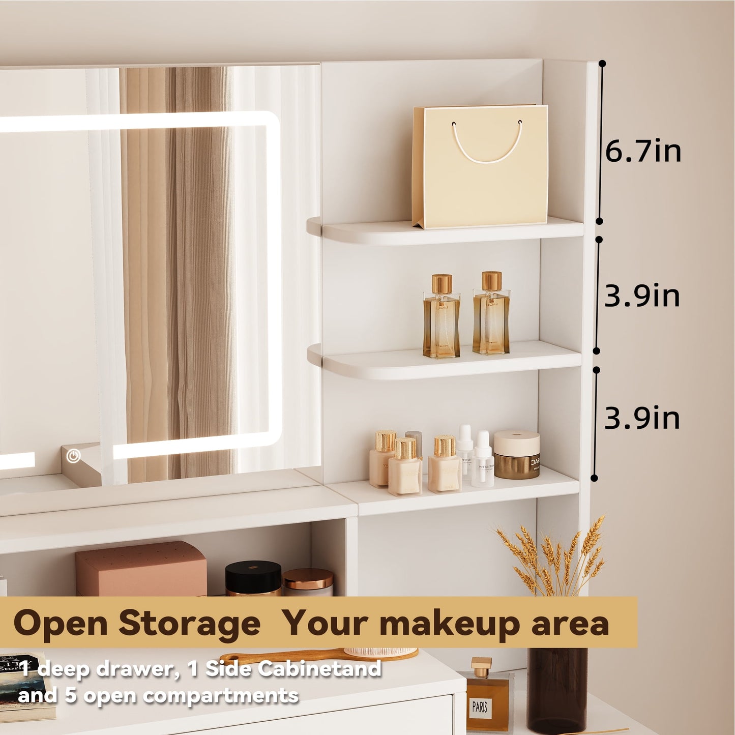NEGYLIM Makeup Vanity Desk with LED Lights - 3 Color Adjustable, Large Storage Cabinet & Drawers, White Modern Vanity Table with Shelves for Bedroom