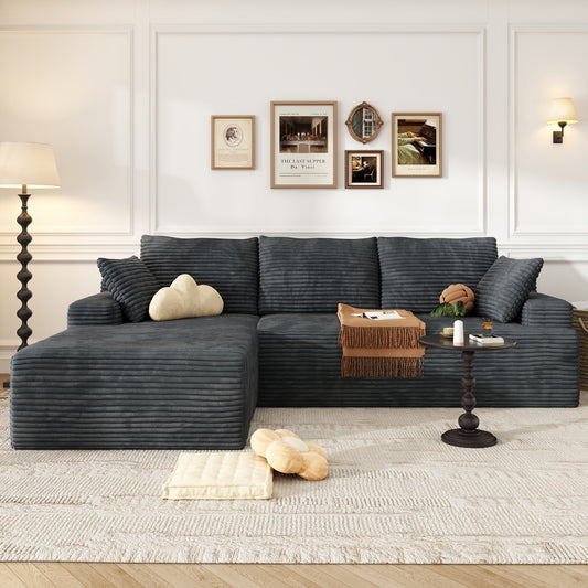 104" Modular L-Shaped Sectional Sofa, No Assembly Required Boneless Sofa with Chaise, High Resilience Foam & Corduroy Fabric, for Living Room Bedroom,(Black Grey)