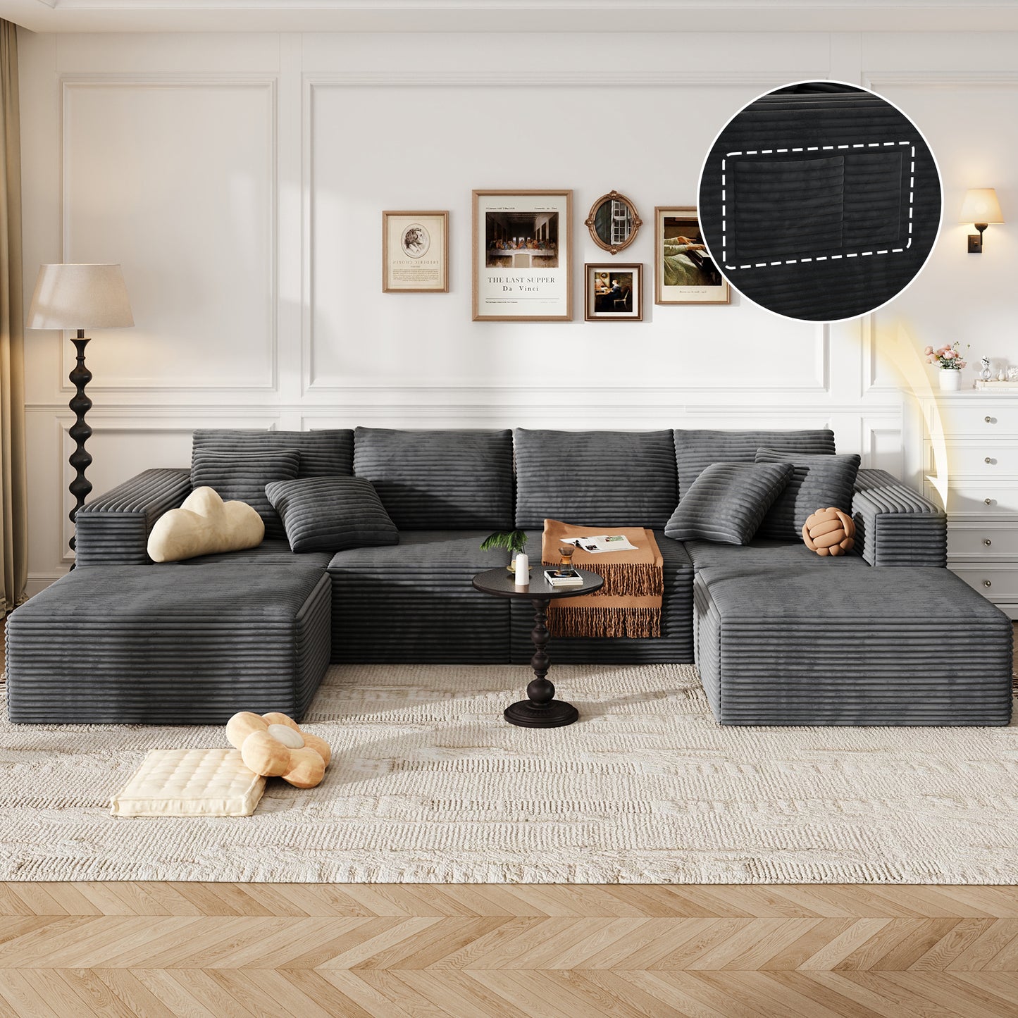 137 Inch Charcoal Cloud Sectional Sofa forf living room , No Sagging Foam U-Shaped Modular Couch, Big Couch Includes 4 Back Cushions & 4 Pillows, No Assembly Required