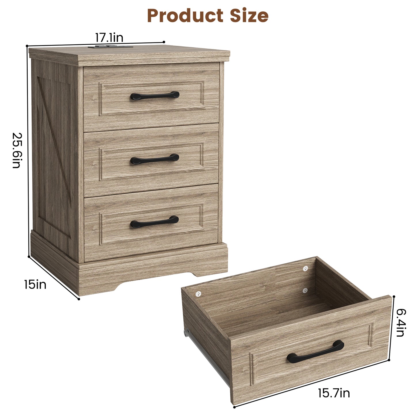 NEGYLIM Nightstand, Farmhouse End Table with Charging Station, 3 Drawers Storage for Bedroom