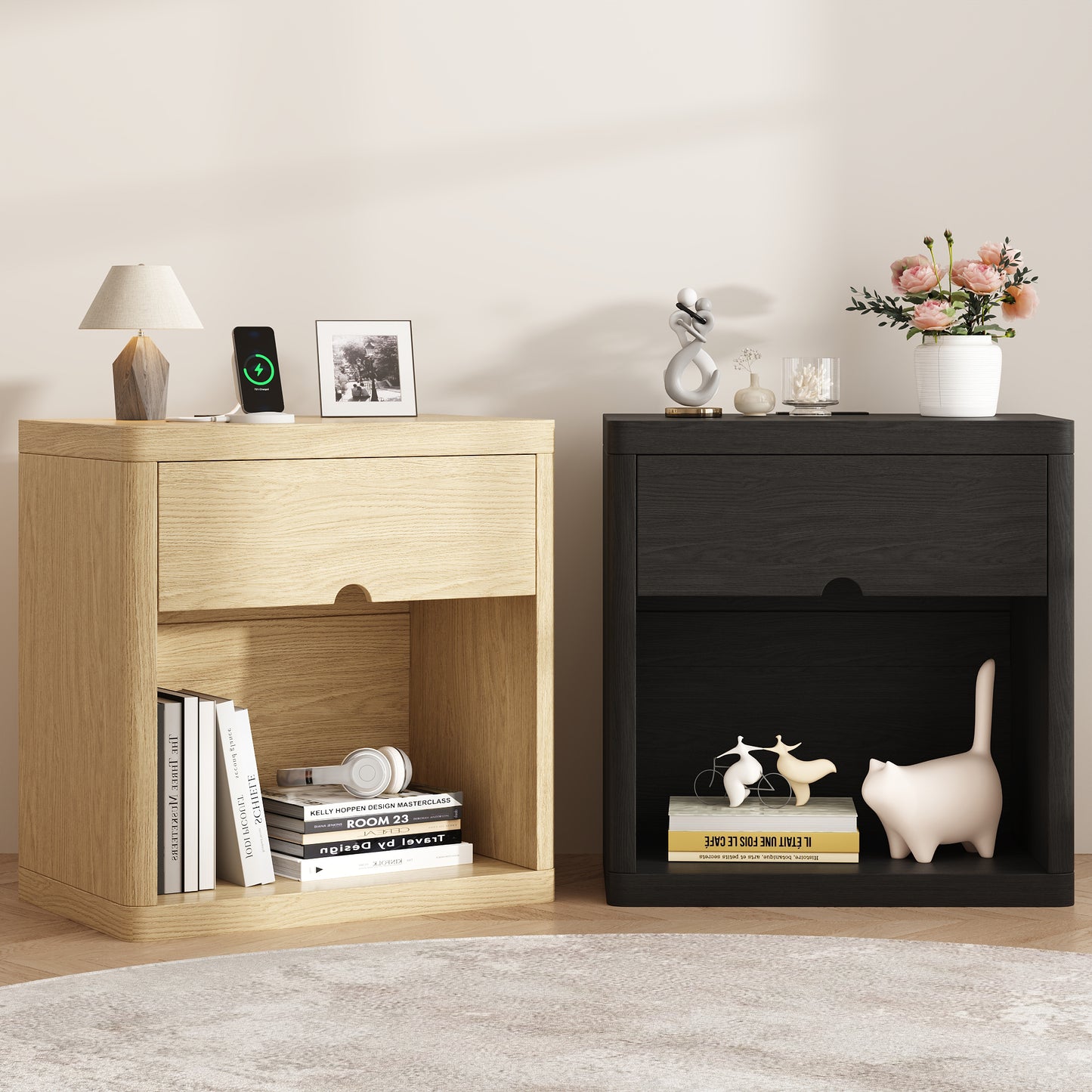 NEGYLIM 24" Wood Nightstand with USB Charging Station, Bedside Table with Safe Rounded Corners & Crescent Handles – Sturdy End Table for Bedroom, Living Room, Nursery (Black, 1-Piece)