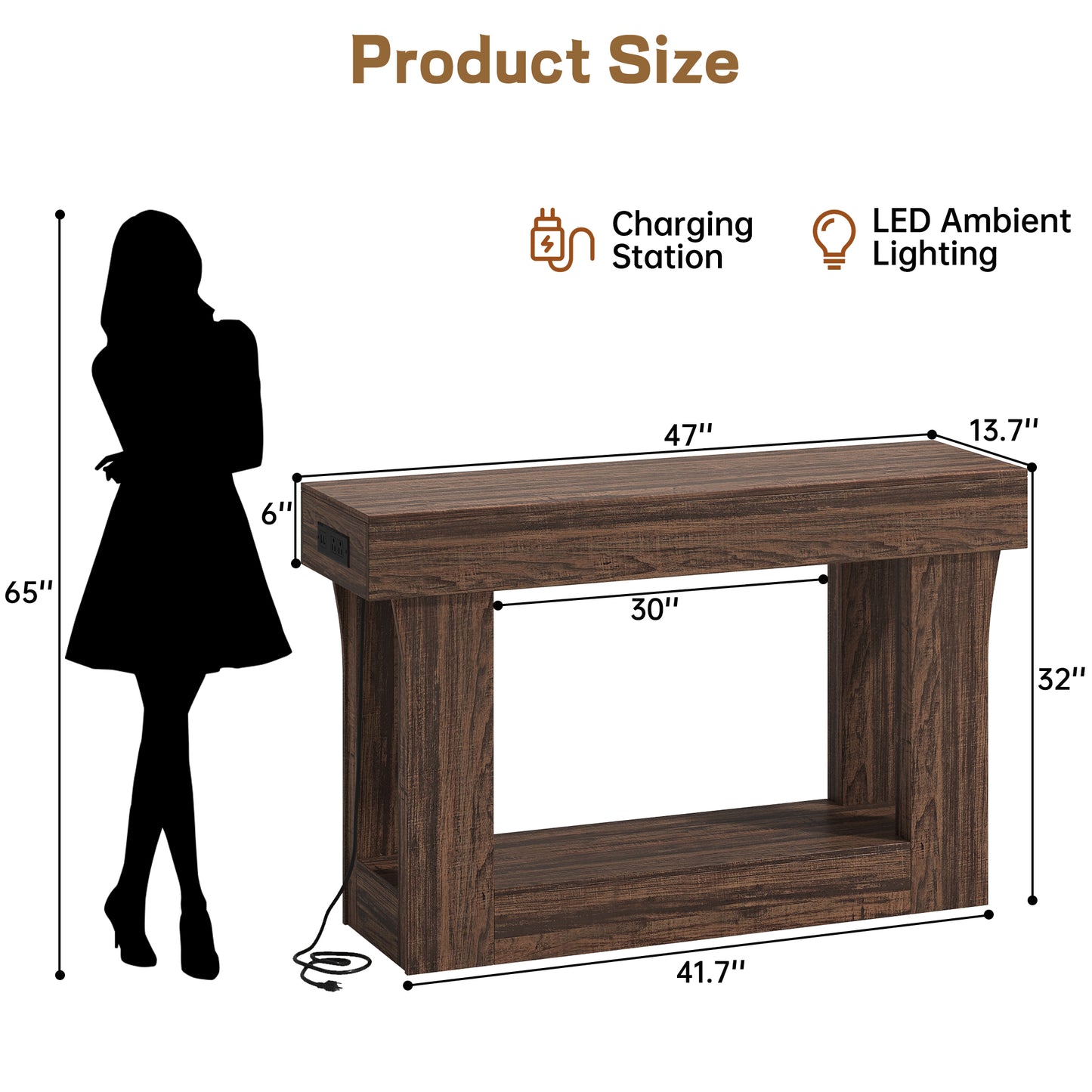 47" Console Table with Charging Station, Farmhouse Natural Entryway & Hallway Table for Living Room & Bedroom, Brown
