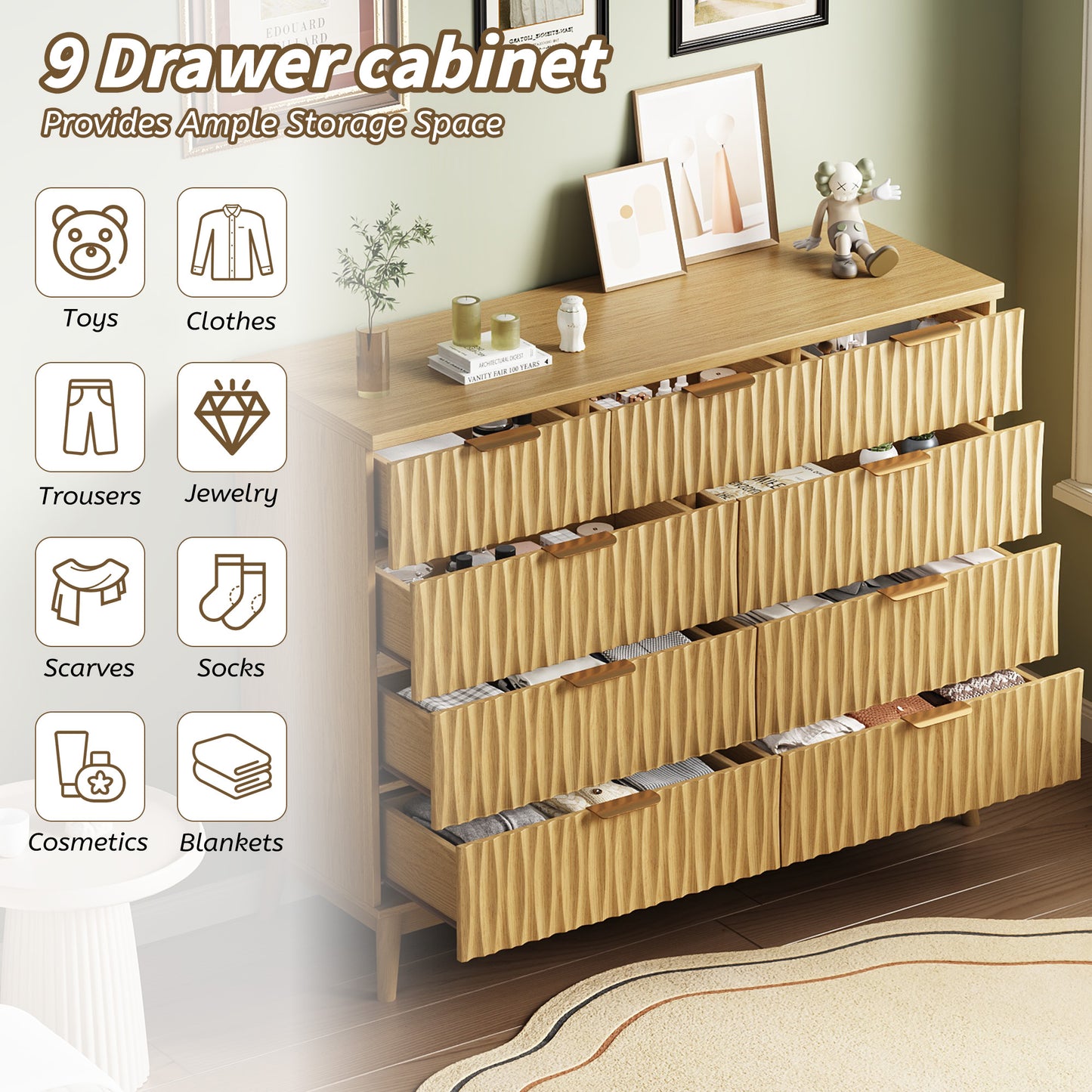 NEGYLIM 47" Wood Dressers with 9 Drawers for Bedroom, Fluted Wood Dresser Chest of Drawers for Bedroom, Storage Cabinet for TV Stand, Living Room, Entryway, Wood