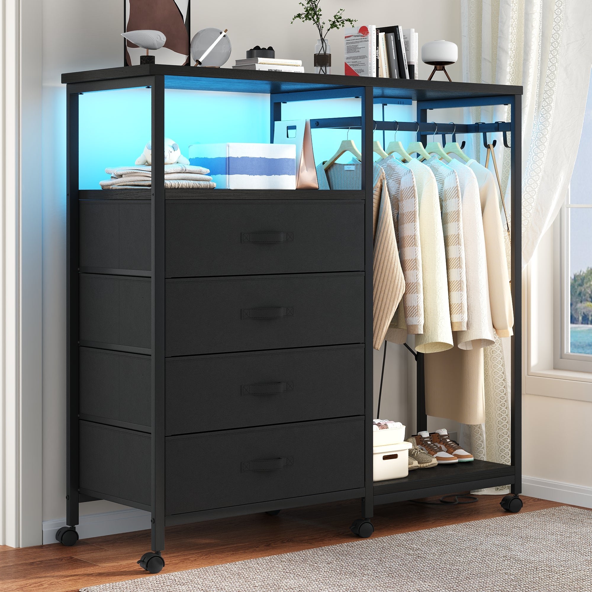 3-in-1 Dresser with Clothes Rack, 4 Drawers, Charging Station, LED Lig ...