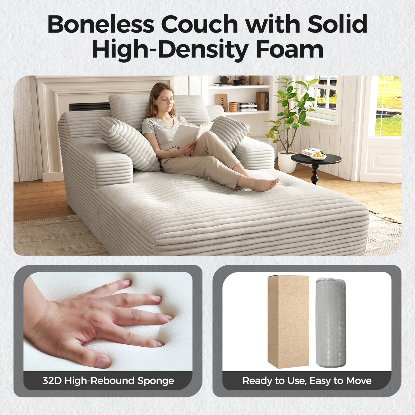 67'' Oversized Chaise Lounge Chair, Cloud Plush Corduroy Sofa Bed for Living Room, Modern Deep Seat Sleeper Couch with Back Cushion, No Assembly Required, (Oyster White)