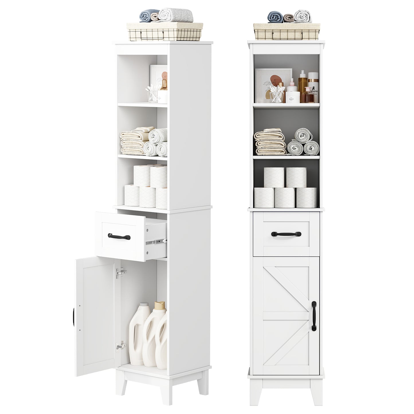 63” Tall Bathroom Storage Cabinet, Freestanding Linen Cabinet, Narrow Bathroom Storage with Barn Door and Drawer, White