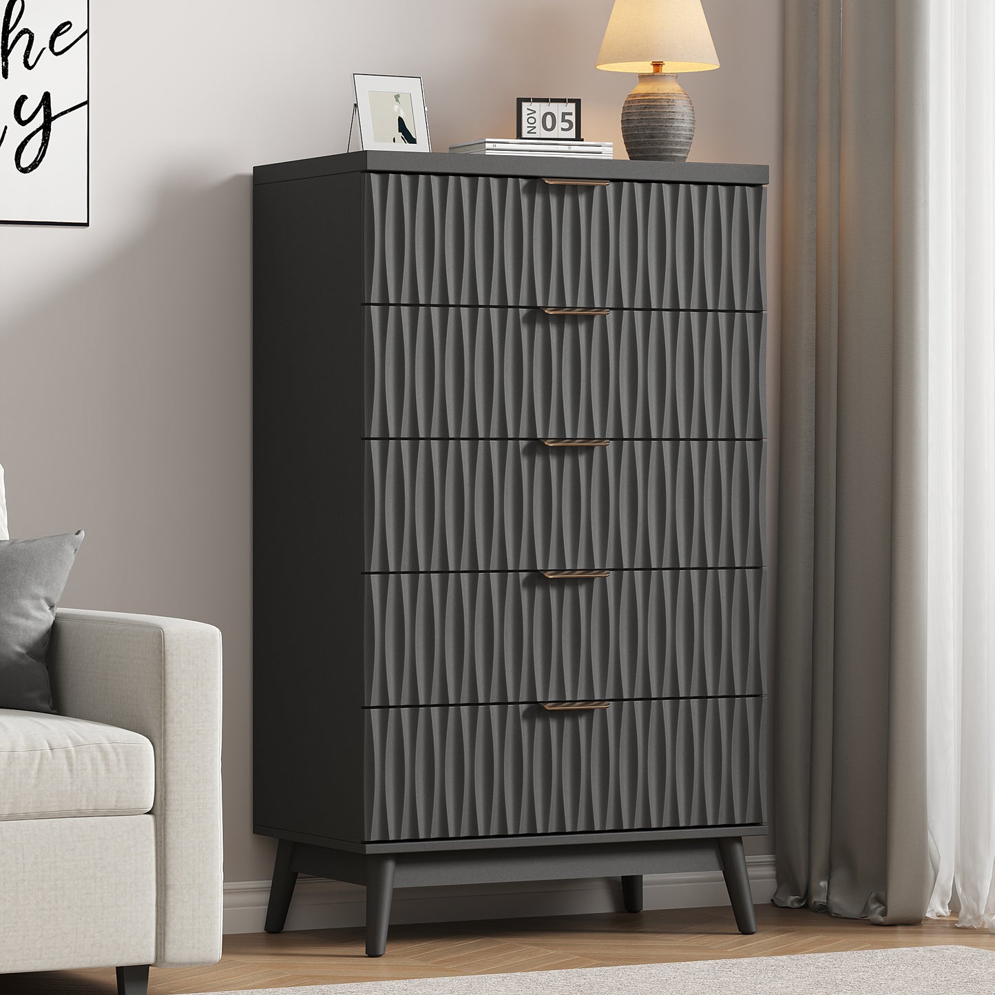 NEGYLIM 5 Drawer Dresser for Bedroom, 47"H Fluted Dresser Modern Chest of Drawers with Metal Handle, Anti-collapse for Living Room, Hallway