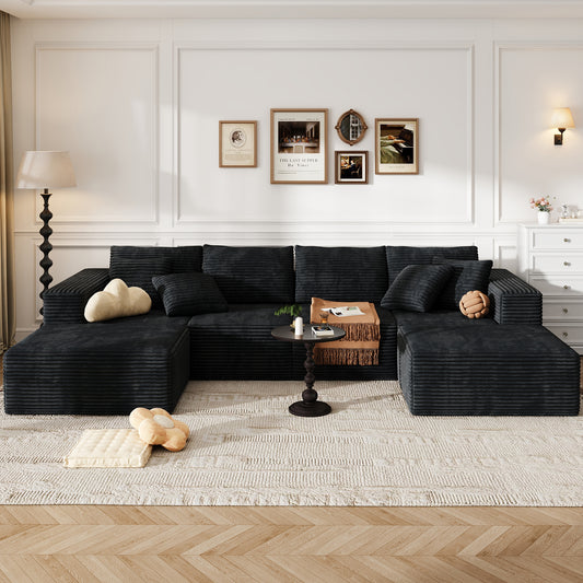 137 inch U-Shaped Sectional Sofa, Cloud-Like Big Modular Couch with Chaise, No Assembly Required, High Density Foam Never Sags, Soft Corduroy Fabric Sofa for Large Space, (Black)