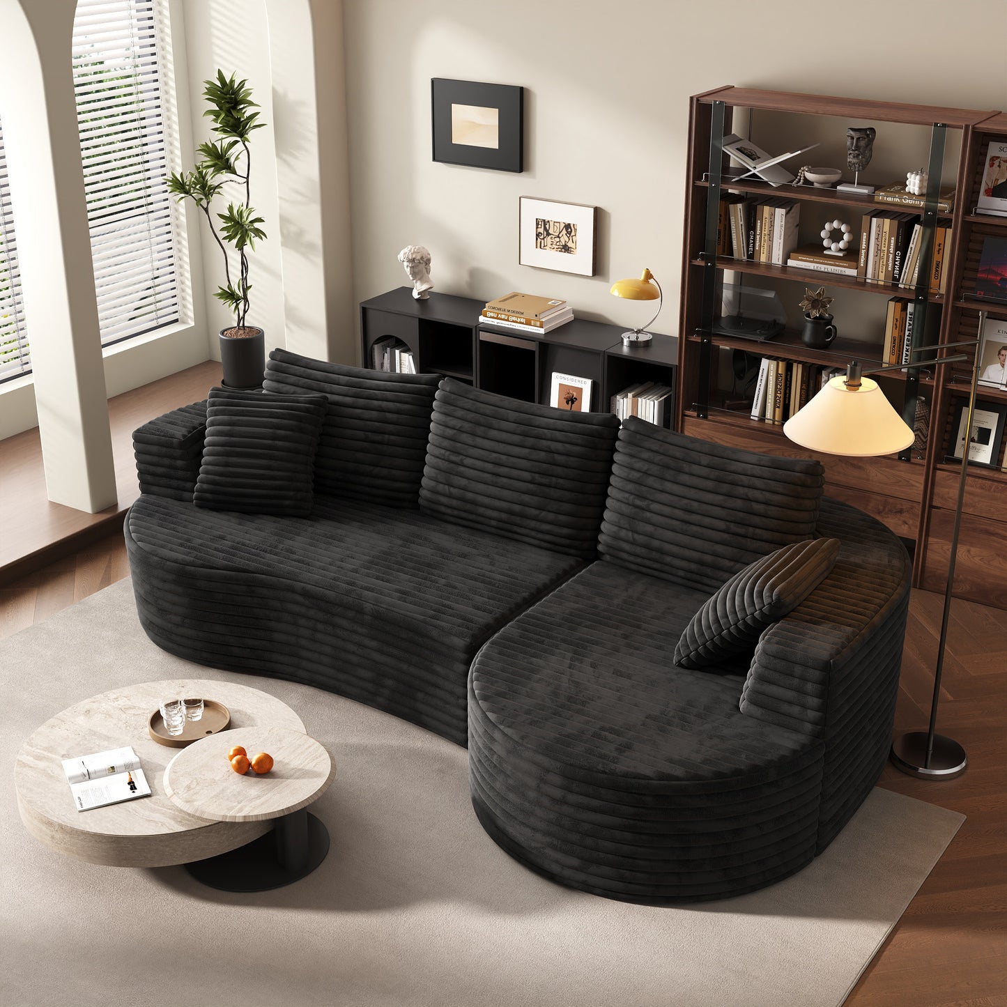 118" Curved Modular Cloud Couch, L-Shape Chaise Sectional Sofa with Plush Deep Seat, Soft Corduroy Upholstered Boneless Sofa for Living Room, No Assembly Needed, Black