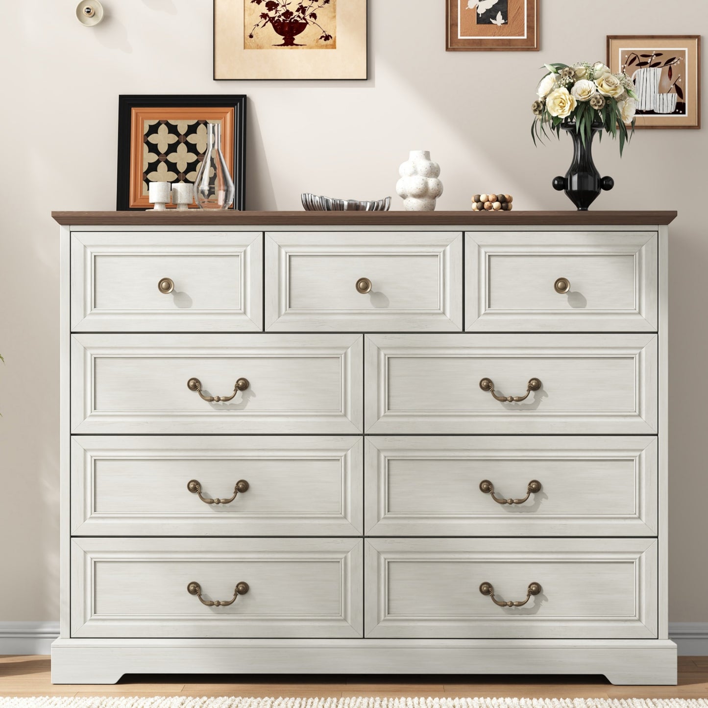 NEGYLIM 9 Drawers Dresser for Bedroom Dressers & Chest of Drawers with Vintage Handles,Long White Dresser for Living Room,Hallway,Study(Rustic White)