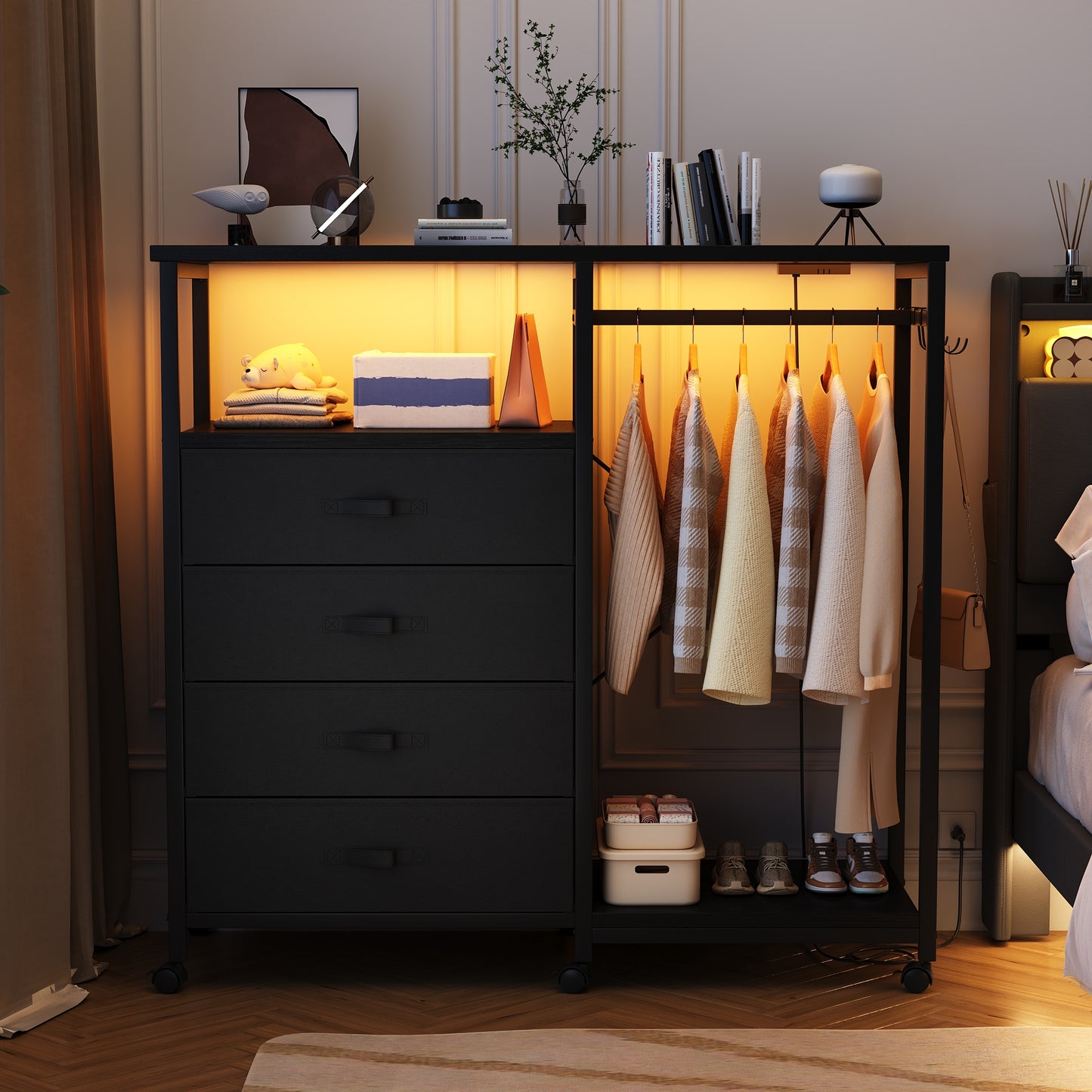 3-in-1 Dresser with Clothes Rack, 4 Drawers, Charging Station, LED Lights, and Wheels, Rustic Brown Storage Chest for Bedroom, Living Room, Hallway（Textured Matte Black）