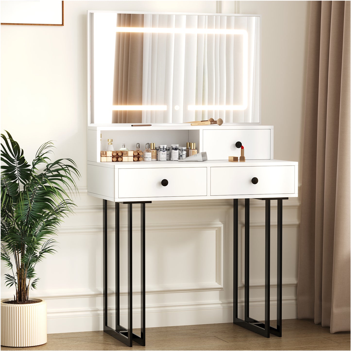 NEGYLIM Vanity with LED Lights and Mirror, White Makeup Vanity Desk with Drawers Dressing Tables Dresser Desk 3 Lighting Color Adjustable