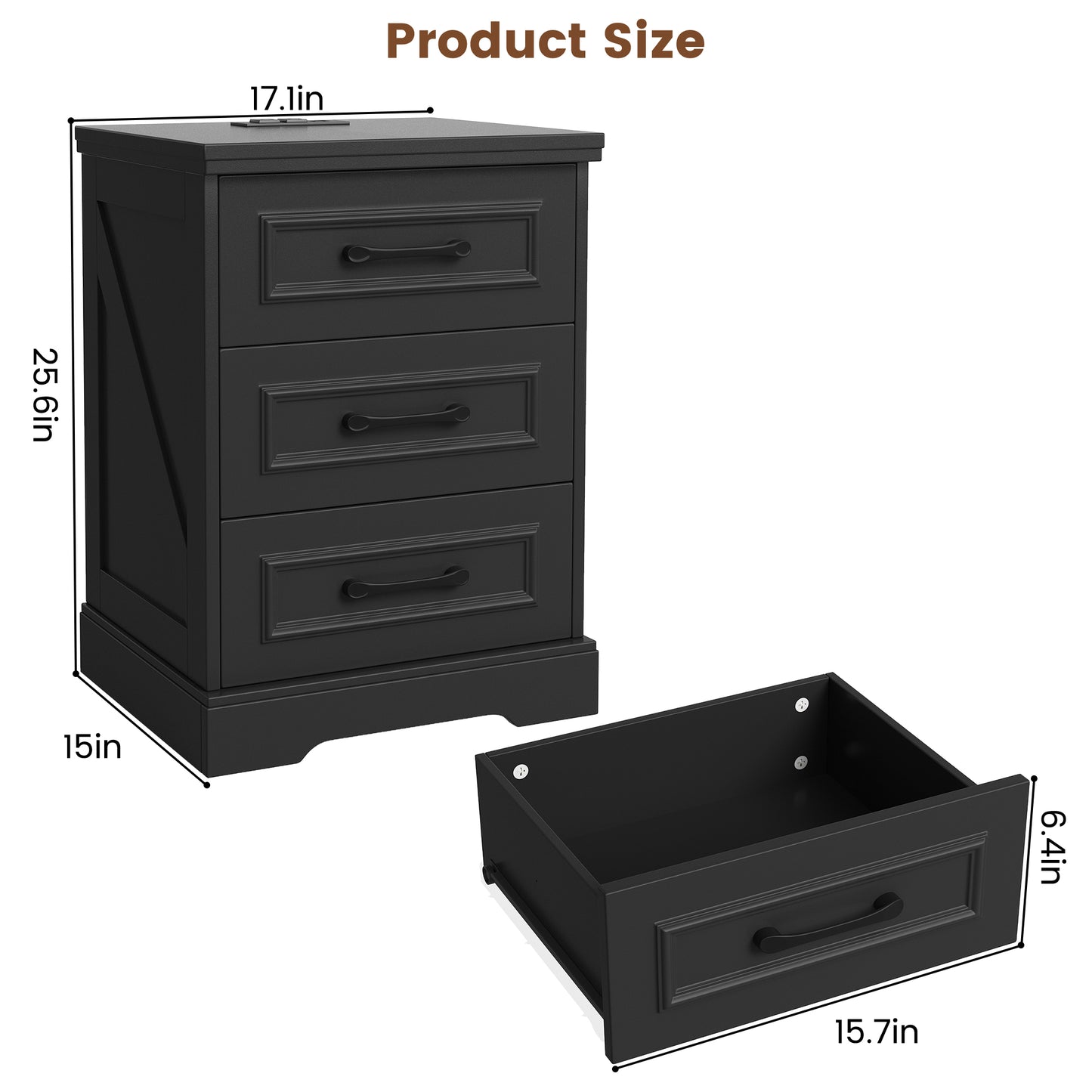NEGYLIM Nightstand, Farmhouse End Table with Charging Station, 3 Drawers Storage for Bedroom