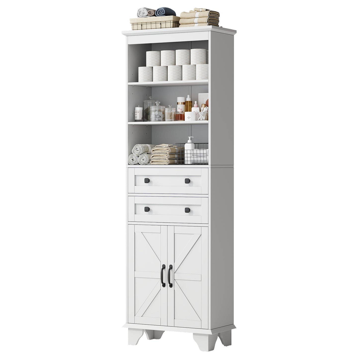 NEGYLIM 72" Tall Bathroom Storage Cabinet, Freestanding Cabinet with Adjustable Shelves, Large Bathroom Pantry Cabinet with 2 Drawers for Living Room, Kitchen, Dining Room, Office, White