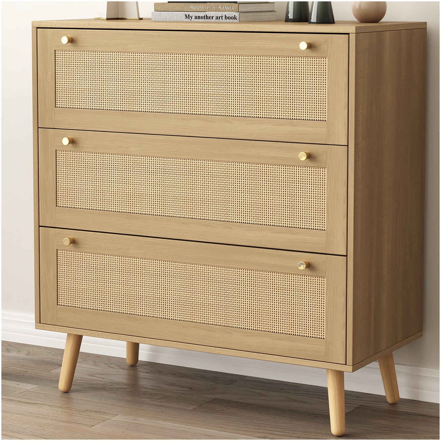 Wood Color Dresser for Bedroom, Farmhouse Rattan Dressers, 3 Drawers Dressers Chest for Bedroom Hallway Living Room