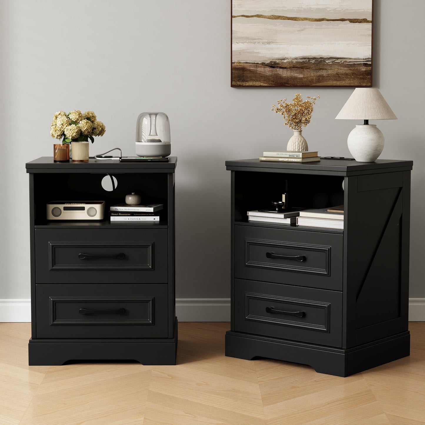 NEGYLIM Nightstand with Drawers for Bedroom, Farmhouse End Table with Charging Station, 2 Drawers Storage for Bedroom