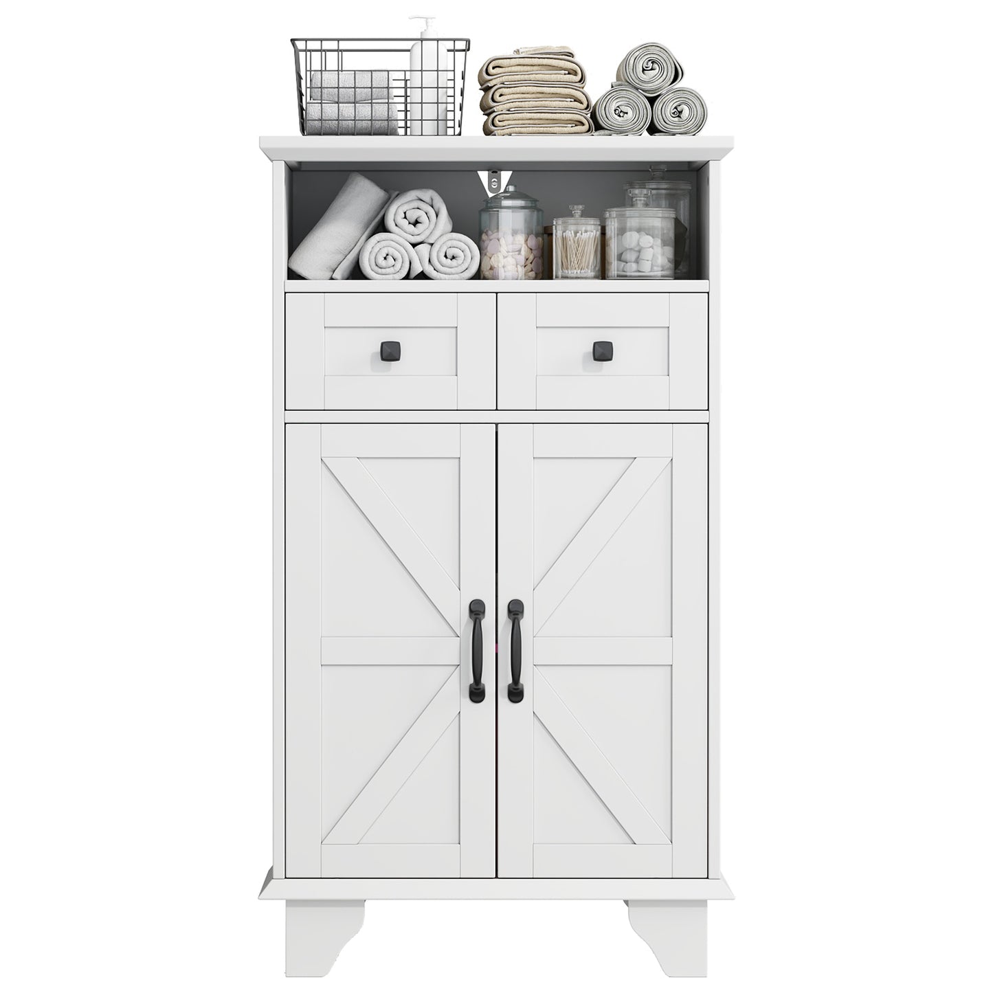Bathroom Storage Cabinet, Farmhouse Bathroom Floor Cabinet freestanding with Doors and Drawers, 41.3"H Bathroom Organizer with Adjustable Shelf, White
