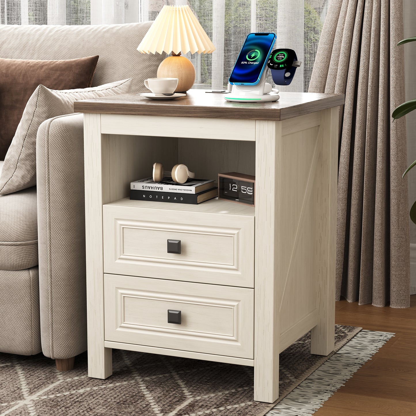NEGYLIM Farmhouse Nightstand with Storage Shelves Bedside Tables for Bedroom Modern Wood Side Table Living Room, White