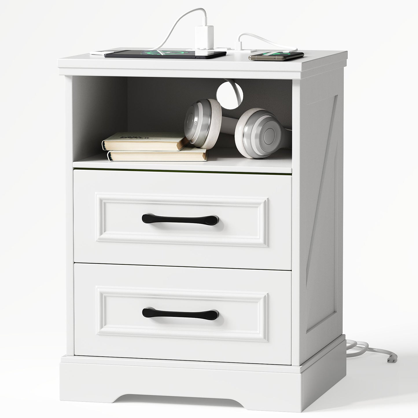 NEGYLIM Nightstand with Drawers for Bedroom, Farmhouse End Table with Charging Station, 2 Drawers Storage for Bedroom, White