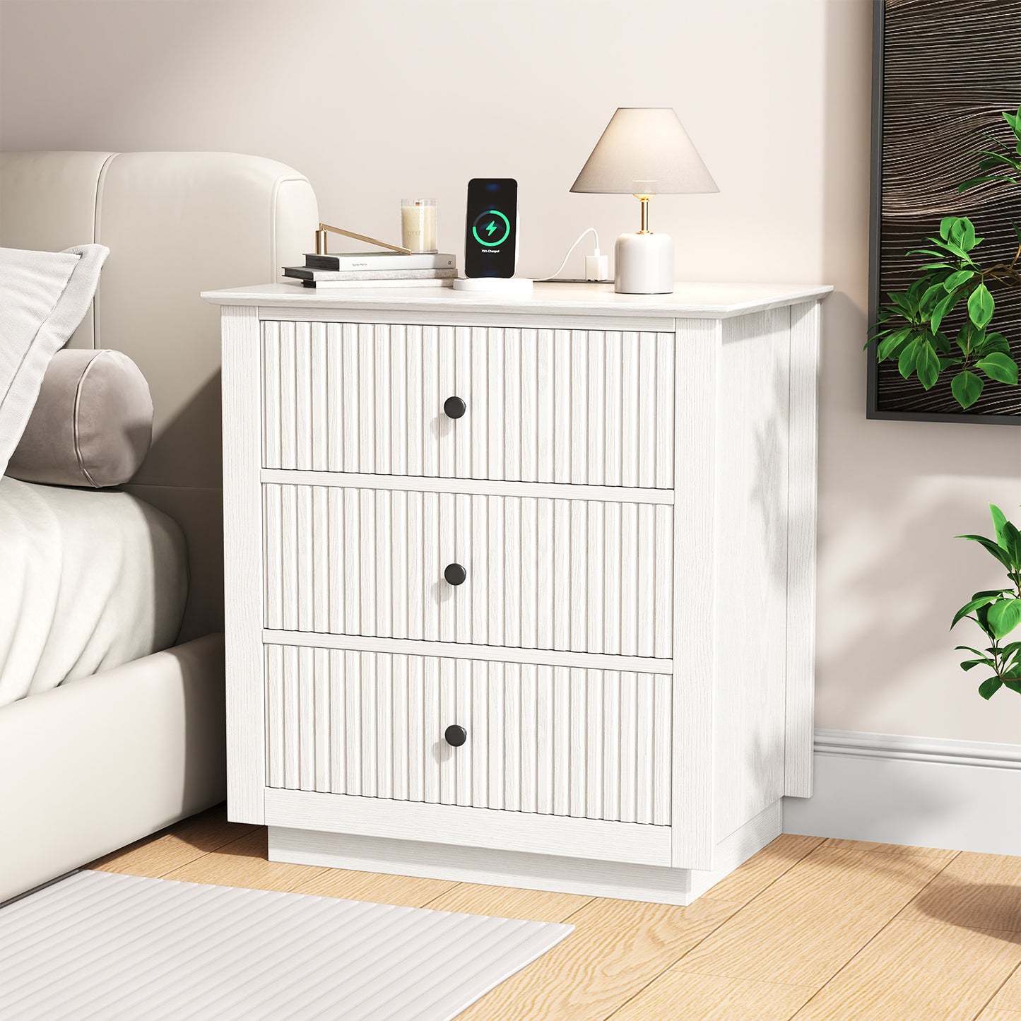 Modern Nightstand with Charging Station & 3 Drawers, 24 Inch Wide Bedside Table Set of 2 for Bedroom and Living Room, Large Storage End Table with Fluted Design, Green