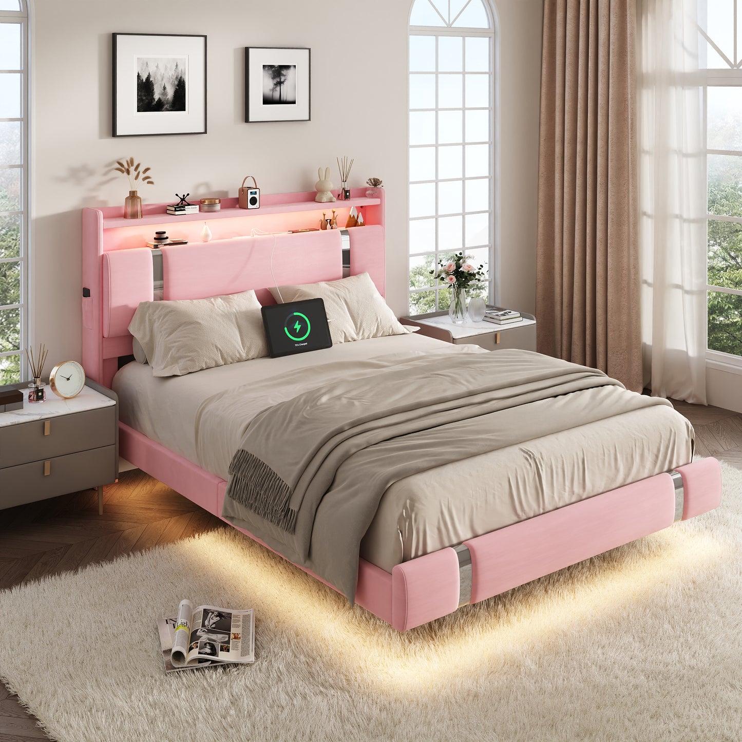 NEGYLIM Floating Bed Frame Twin Size with LED Lights, Easy to Assemble, Metal Platform Bed with Storage Headboard, No Box Spring Needed, Pink