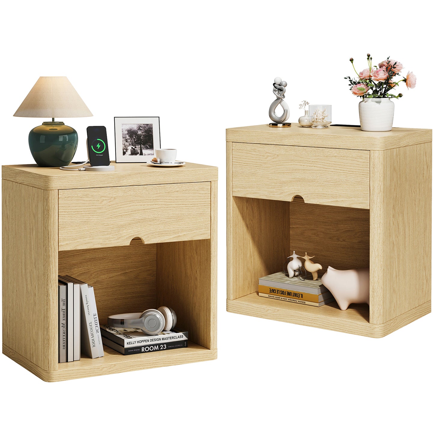 Set of 2 Wood Nightstands with USB Charging Station, 24" Bedside Tables with Safe Rounded Corners & Crescent Handles - Sturdy End Tables for Bedroom, Living Room, Nursery (Wood, 2-Piece Set)