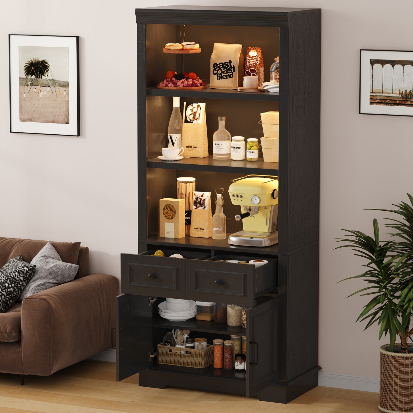Negylim 71” Tall Lighted Coffee Bar Cabinet, Farmhouse Pantry Storage Hutch with Built-in LED Strip Lights, 3 Open Display Shelves, 2 Pull-Out Drawers & Closed Storage Cupboard, Black