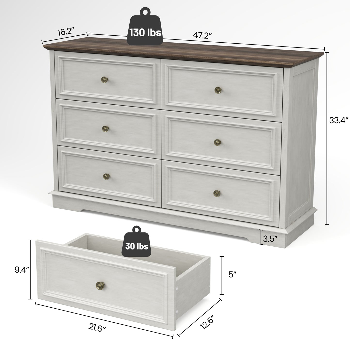 6 Drawer Dresser for Bedroom, 50.4" * 15.7" * 35.8" Retro Style Chest of Drawers, Wood Storage Double Dresser with Deep Drawers for Living Room, Hallway Entryway