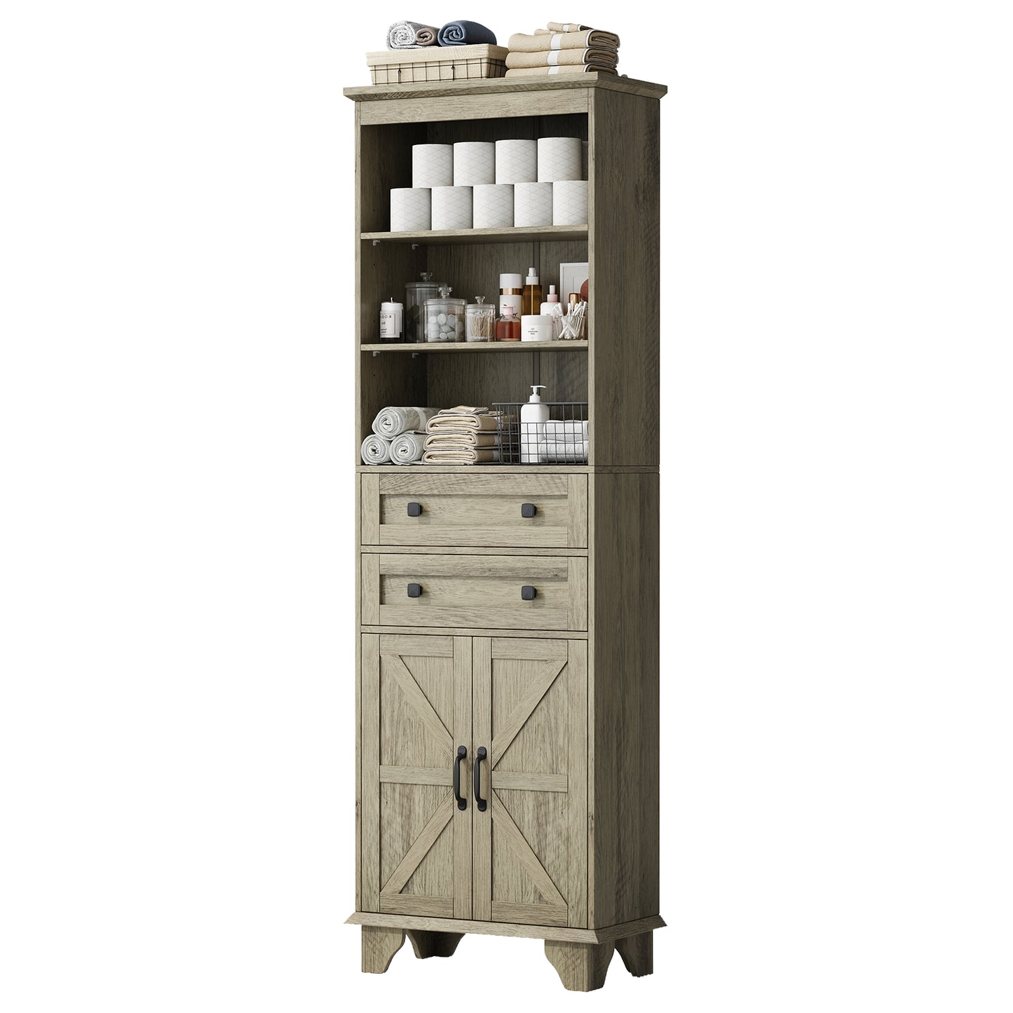 NEGYLIM 72" Tall Bathroom Storage Cabinet, Freestanding Cabinet with Adjustable Shelves, Large Bathroom Pantry Cabinet with 2 Drawers for Living Room, Kitchen, Dining Room, Office, Grey