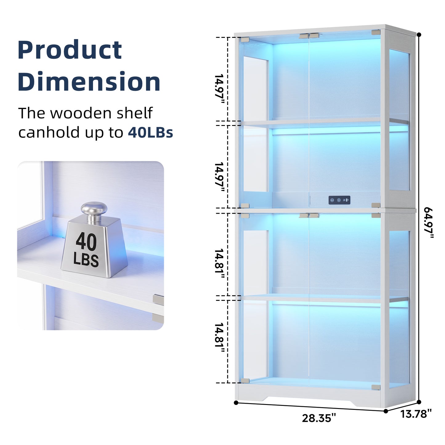 4 Tier LED Lighted Display Cabinet with Tempered Glass Doors, Dustproof Collectible Storage Shelf for Gundam Action Figures Gaming Accessories, Modern Tall Curio Showcase for Game Room Bedroom,White