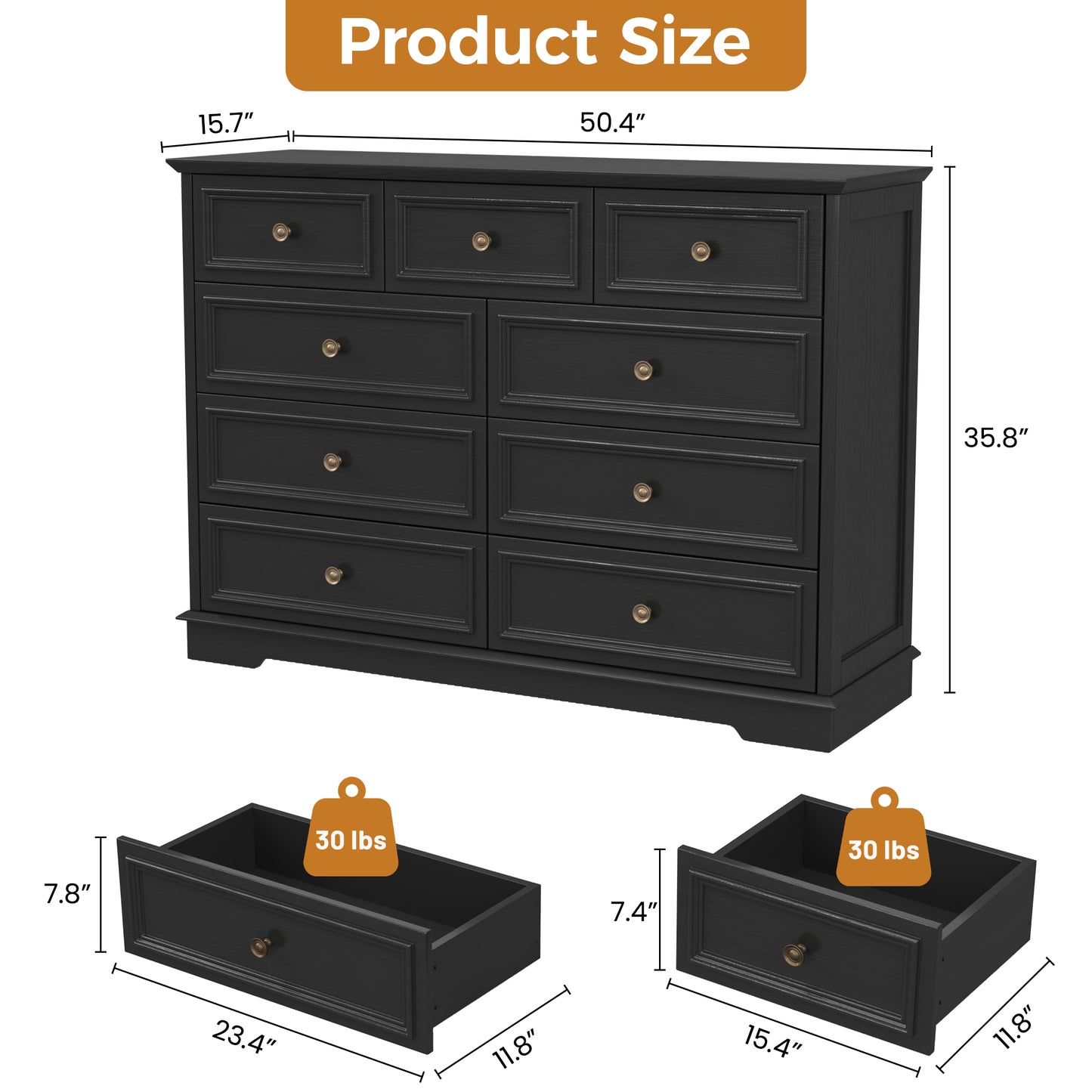 9 Drawer Chest of Drawers, Tall Storage Dresser Organizer, Modern Storage Cabinet Dresser Organizer Unit with Antique Bronze Round Handles for Living Room, Closet, Hallway, Entryway