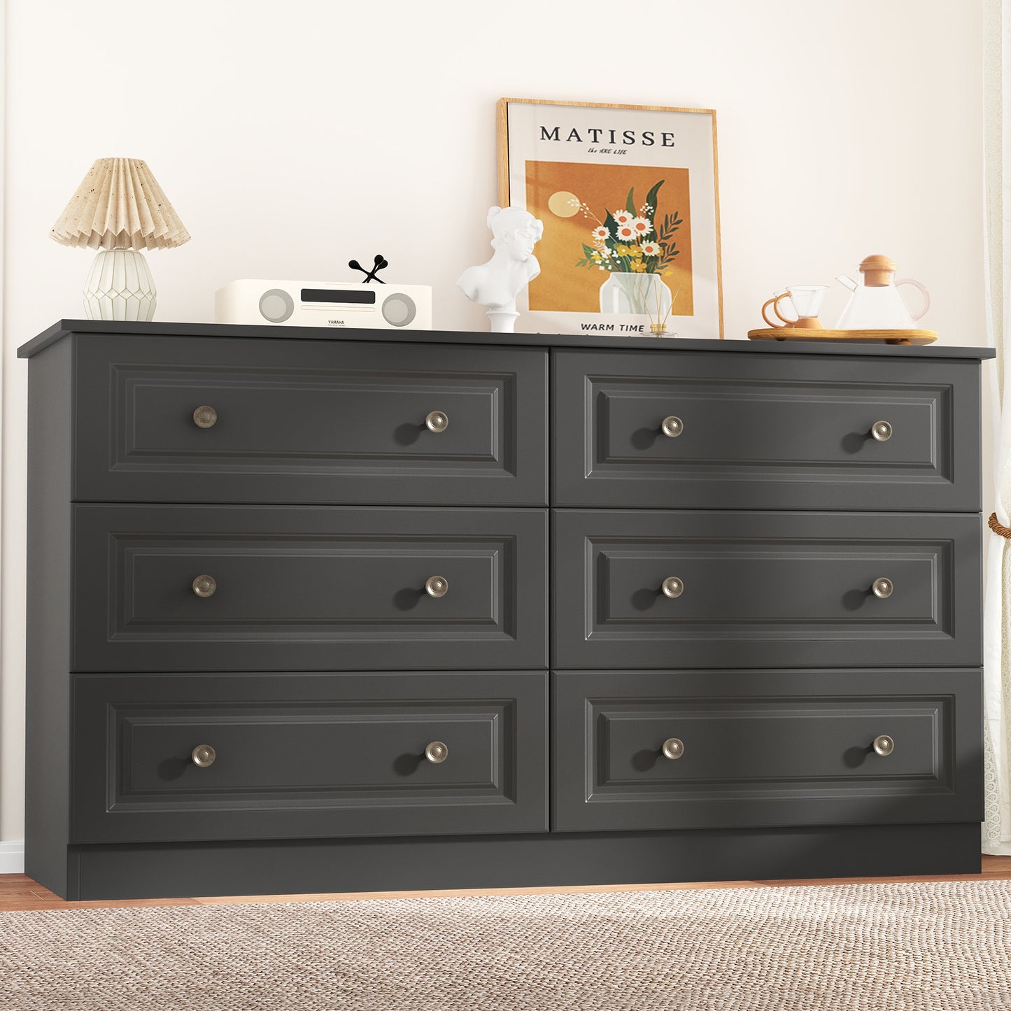 NEGYLIM 6-Drawer Black Dresser, 47-inch Wide Chest for Bedroom Storage, Farmhouse Style with Anti-Tip Safety